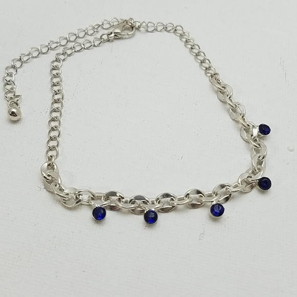 Silver Tone Ankle Or Wrist Bracelet 9" Blue Stone - Picture 1 of 1